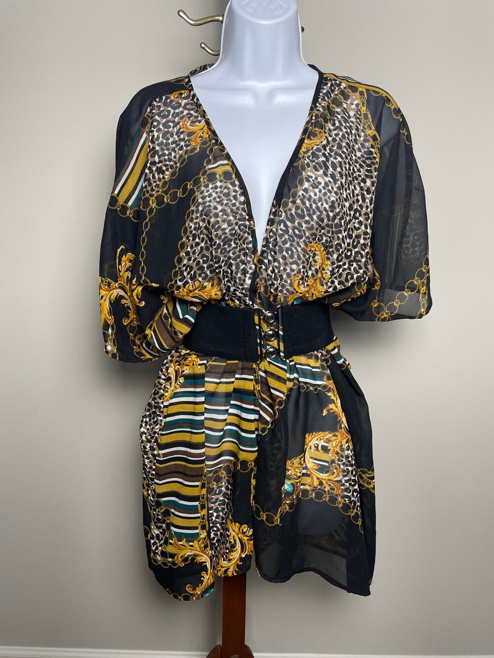 Mileage Chiffon Wrap Size XL Black Gold Chain Animal Print Lightweight Overlay